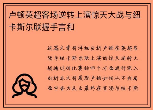 卢顿英超客场逆转上演惊天大战与纽卡斯尔联握手言和 卢顿英超客场逆转上演惊天大战与纽卡斯尔联握手言和